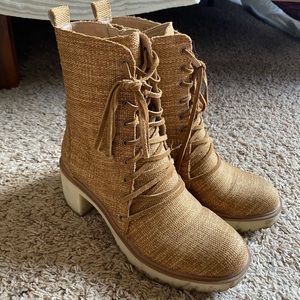 Size 7 Camel Combat Booties from Bohme, work once for engagement photos.